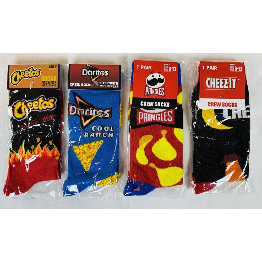 New Salty Snack Socks Unisex 6-12 & 6-13  Crew Multicolor Novelty Lot of 4 Pairs